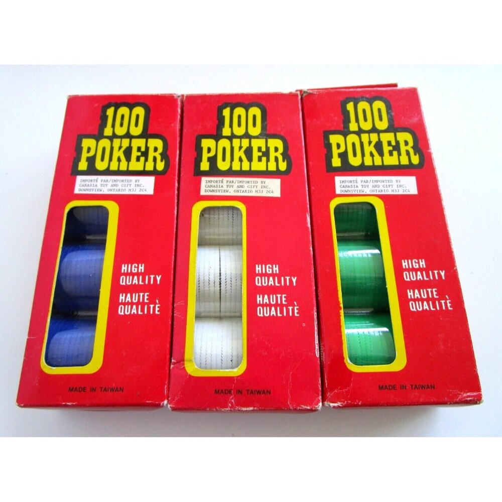 Vintage Poker Chips Blue/Green/White Boxes of 100 - Red Box Not Full Box -Taiwan - Picture 4 of 12